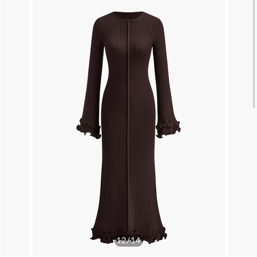 Commense Brown Semi-Sheer Piping Ruffle Drawstring Knit Dress